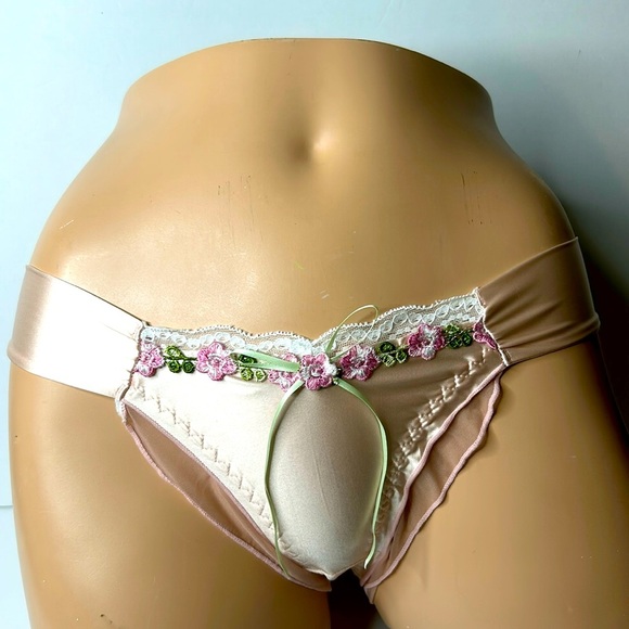 IZA Liquid Satin Pink Embroidered Floral Smooth Silky Stretch Feminine Panty NEW - Picture 1 of 15